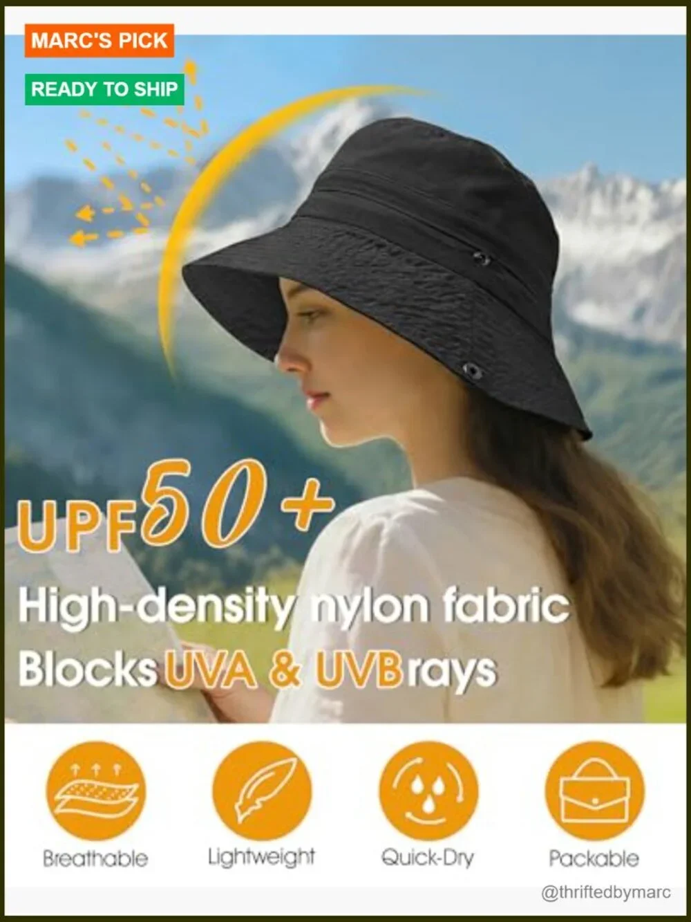 Packable Bucket Sun Hat UPF 50+ Waterproof Adjustable for Hiking Fishing
